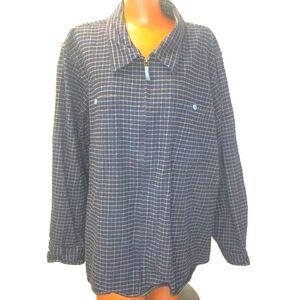 Y2k Denim Co Flannel Jacket Woman Plus 3x Navy Plaid Zip Leather Elbow Patches